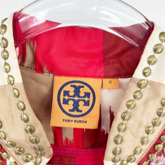 Tory Burch Iveta Embellished Ikat Silk Tunic Top Pink Red Resort Womens Size 2 - Picture 6 of 12